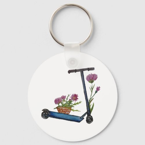 Push Scooter  Flowers Watercolor Button Key Ring