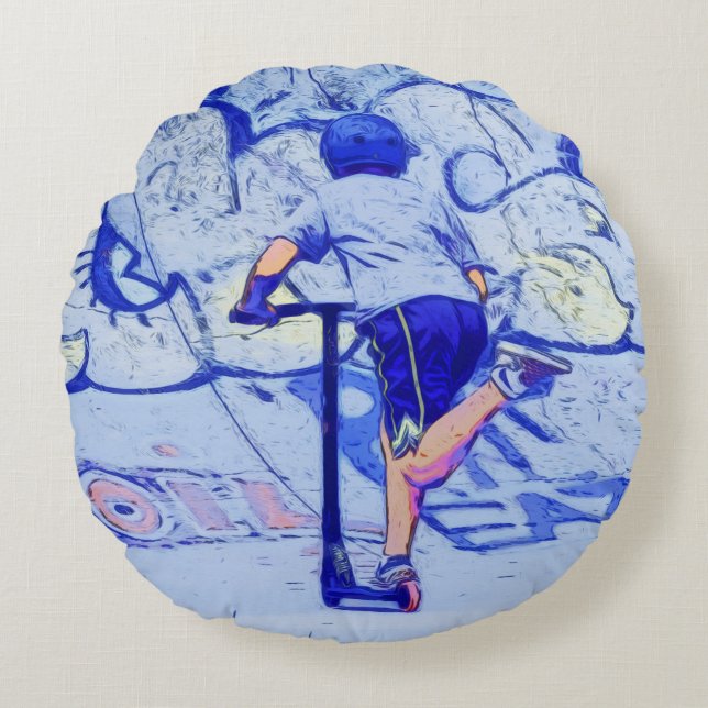 Pushin' It - Stunt Scooter Rider  Round Pillow (Front)