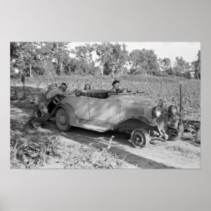 Pushing A Car, 1939. Vintage Photo Poster