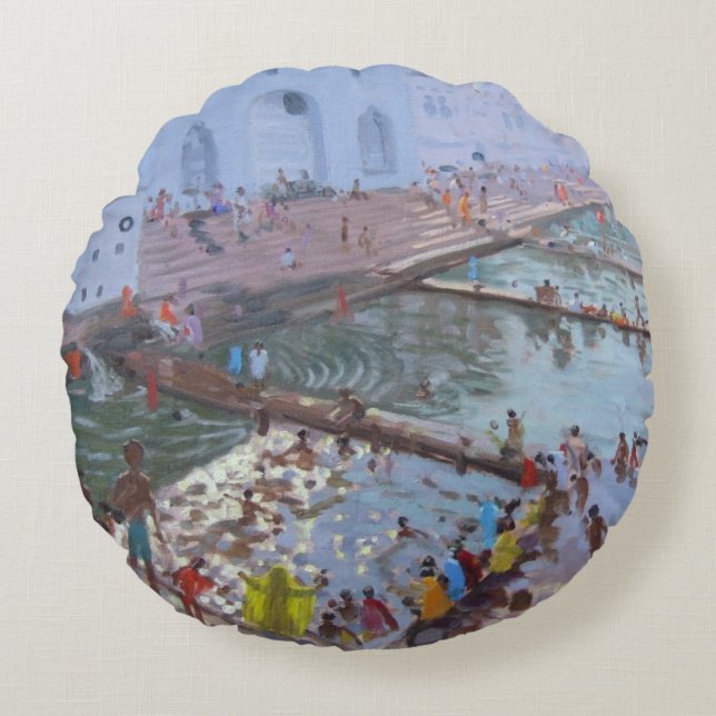 Pushkar ghats Rajasthan Round Pillow (Front)