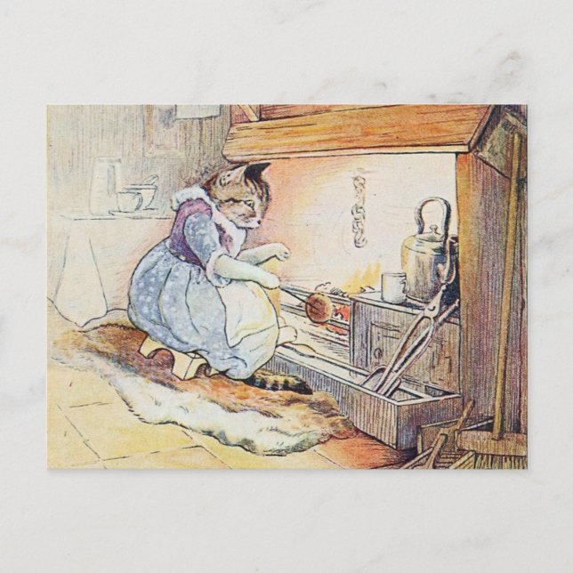 Pussy Cat Cooks by the Fireplace Postcard (Front)