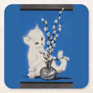 pussycat and pussywillow square paper coaster