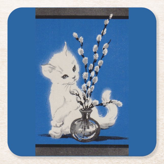 pussycat and pussywillow square paper coaster (Front)
