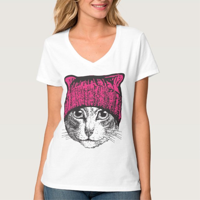 Pussyhat Pussycat Protest Womens V-Neck Shirt (Front)