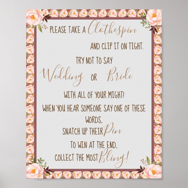 Put a Clothespin Pink Bridal Shower Game Sign (Front)
