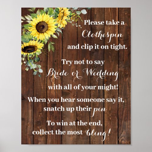 Put a Clothespin Sunflower Bridal Shower Game Sign