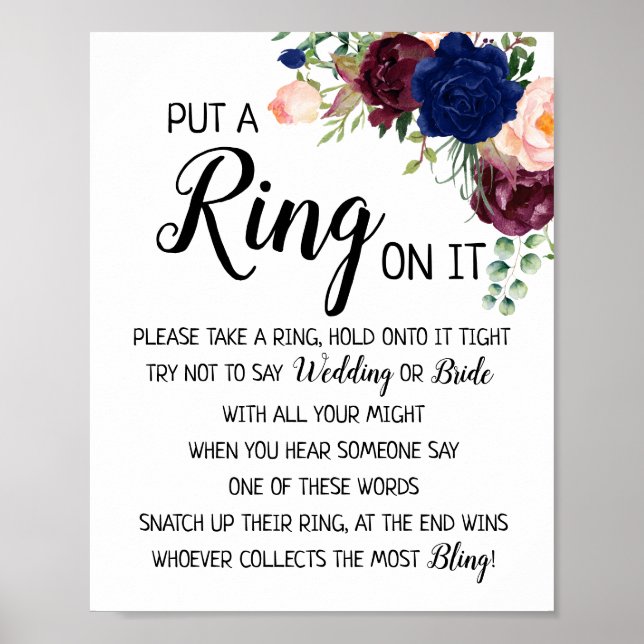 Put a Ring on it bridal shower game navy floral Poster (Front)