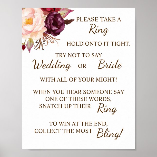 Put a Ring on Marsala Bridal Shower Game Sign (Front)
