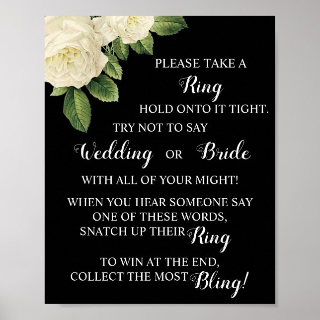 Put a Ring on White Roses Bridal Shower Game Sign (Front)