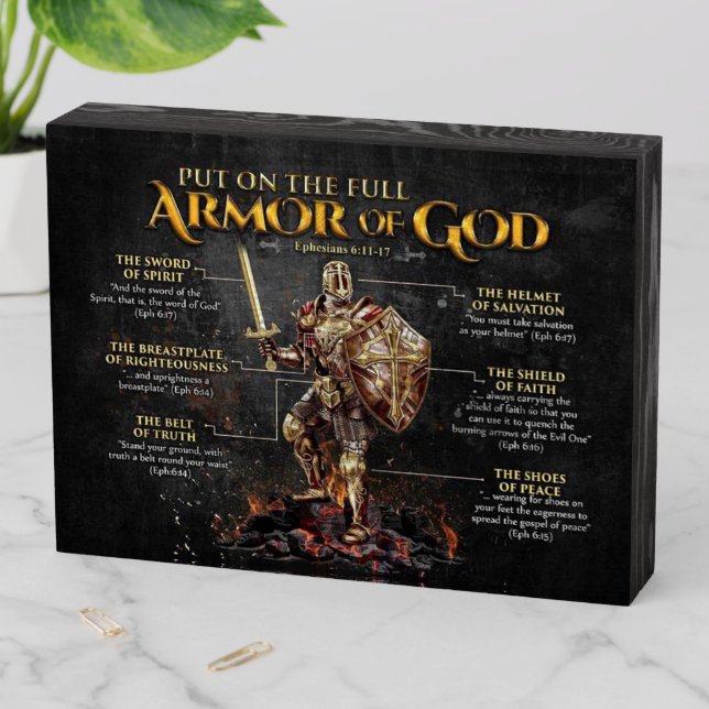Put on the Full Armor of God Black & Gold Wooden Box Sign (In Situ Horizontal)