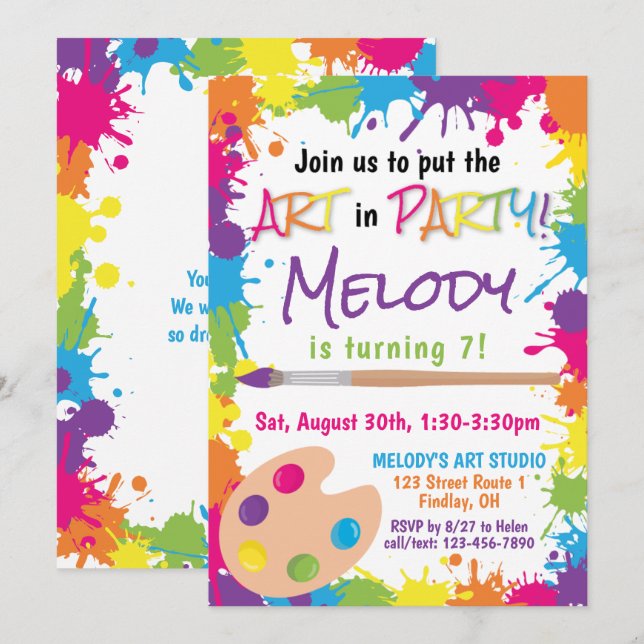 Put the Art In Party Colorful Paint Birthday Invitation (Front/Back)