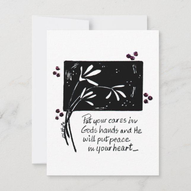 Put Your Cares in God's Hands B&W art Note Card (Front)
