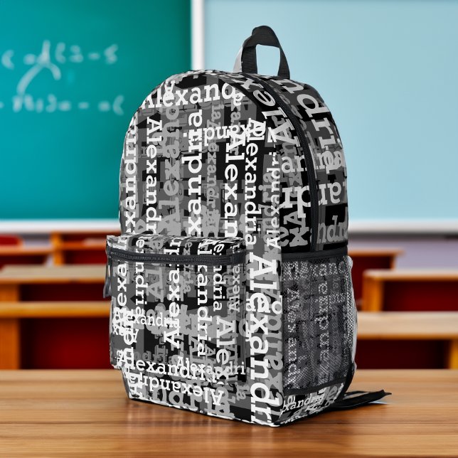 Put Your Name All Over this Black and White Printed Backpack