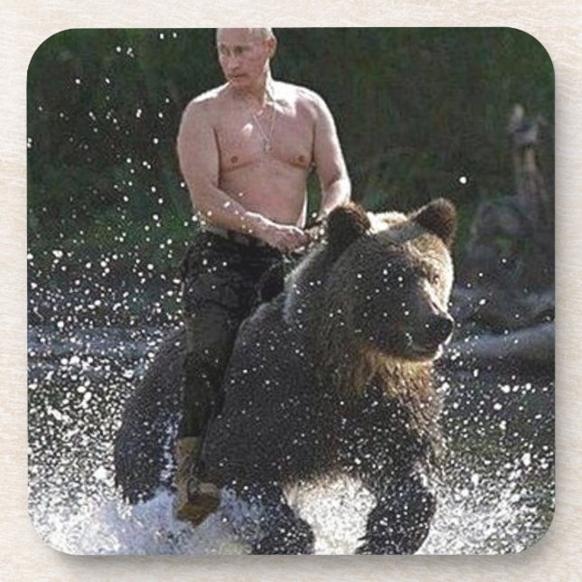 Putin rides a bear! drink coaster (Front)