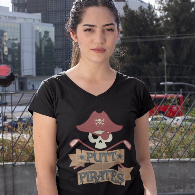 Putt Pirates Golfing Hobby T-Shirt (Putt Pirate Golf Lover Black V-Neck Womens T-Shirt)