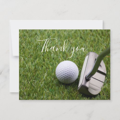 Putter with golf ball  on green Thank you card