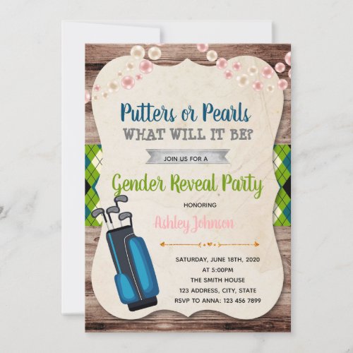 Putters or Pearls gender reveal invitation