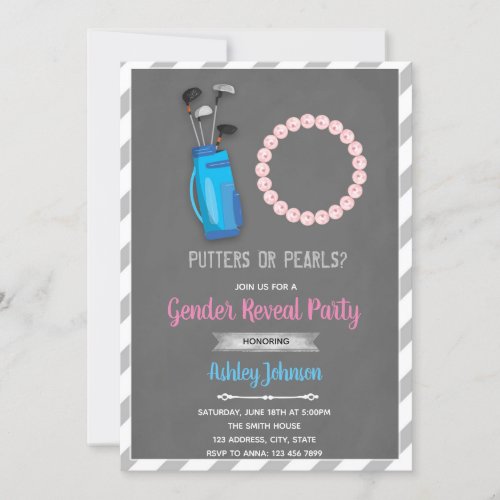 Putters or pearls gender reveal party invitation