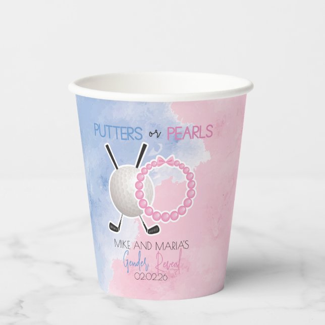 Putters or Pearls Gender Reveal Party Paper Cups (Front)