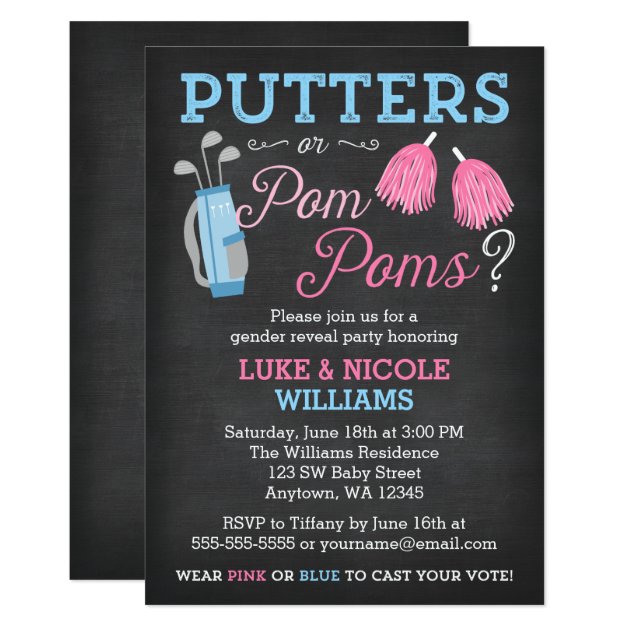 Putters Or Pom Poms Gender Reveal Party Invitation