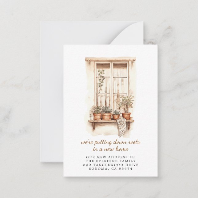 Putting Down Roots Windowsill Potted Plants Moving Note Card (Front)