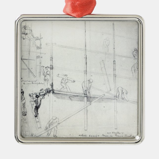 Putting up Scaffolding outside Craig's House Metal Ornament (Front)