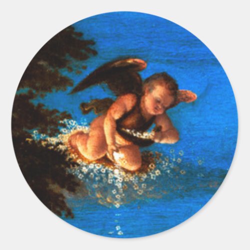 Putto In Blue Sky Pours a Cascade of White Flowers Classic Round Sticker