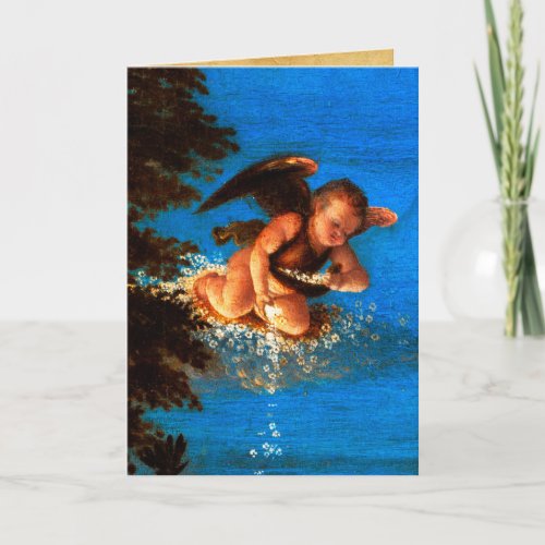 Putto In Blue Sky Pours a Cascade of White Flowers Holiday Card
