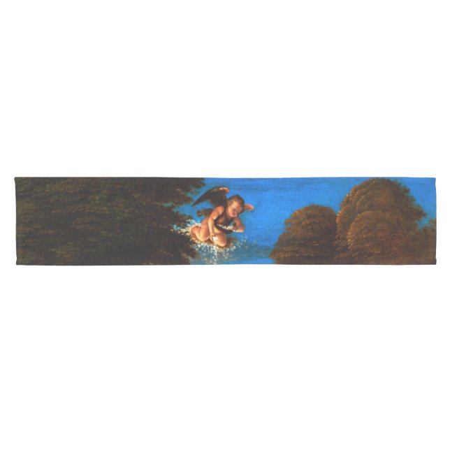 Putto In Blue Sky Pours a Cascade of White Flowers Short Table Runner (Horizontal)