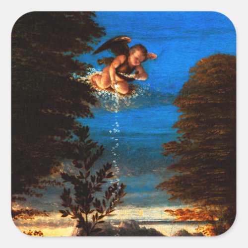Putto In Blue Sky Pours a Cascade of White Flowers Square Sticker