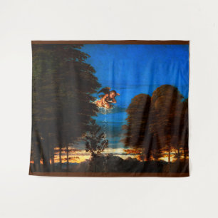 Putto In Blue Sky Pours a Cascade of White Flowers Tapestry