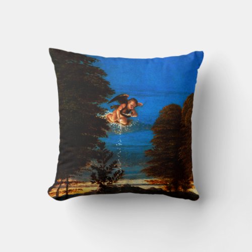 Putto In Blue Sky Pours a Cascade of White Flowers Throw Pillow