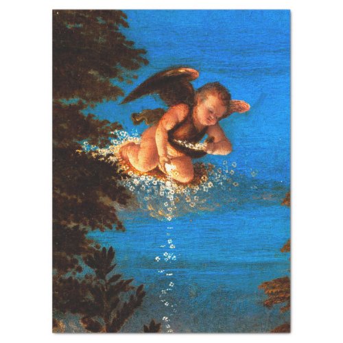Putto In Blue Sky Pours a Cascade of White Flowers Tissue Paper
