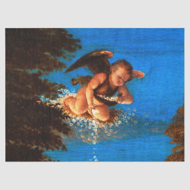 Putto In Blue Sky Pours a Cascade of White Flowers Tissue Paper (Front)