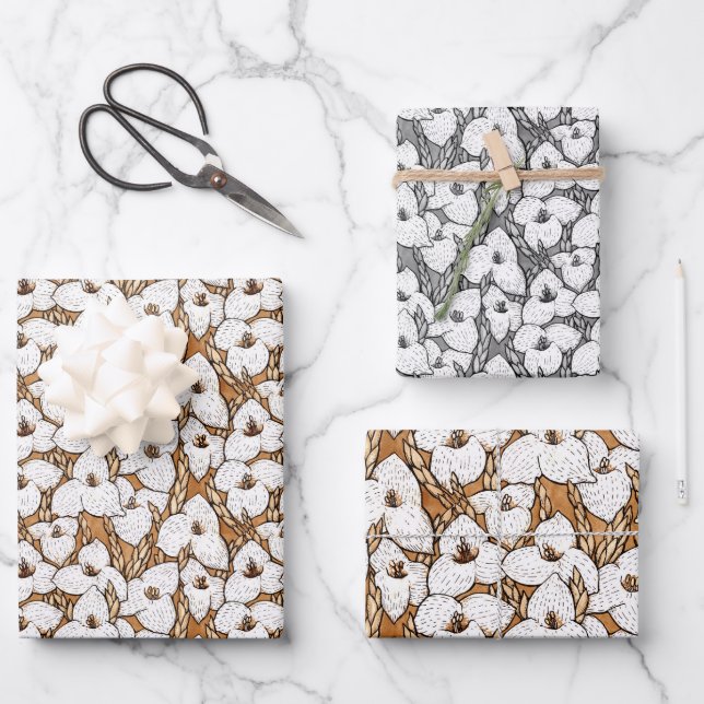 Puya Flower Floral Pattern Sepia Brown Grey White Wrapping Paper Sheets (Front)