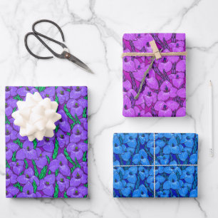Puya Flowers Botanical Floral Pattern Purple Blue Wrapping Paper Sheets