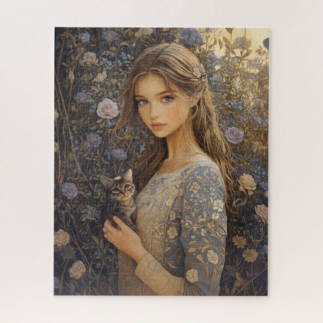 Puzzle 500 Pieces - Young girl and her cat (Vertical)
