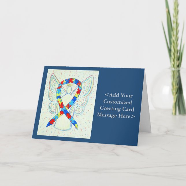 Puzzle Awareness Ribbon Angel Personalized Cards (Front)
