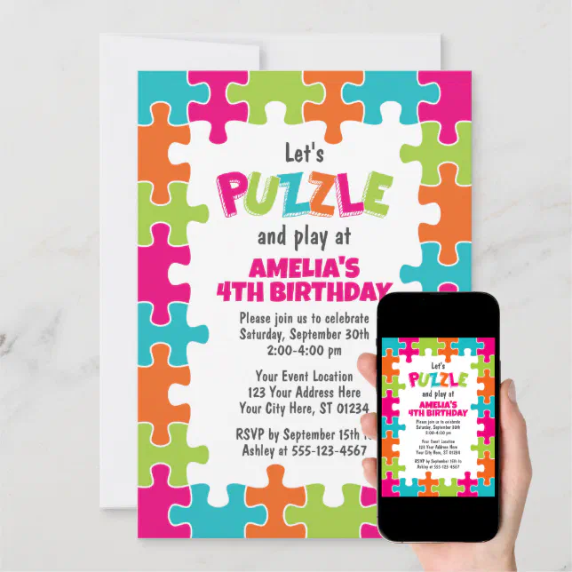 Puzzle Birthday Invitation, Girl Puzzle Piece Invitation | Zazzle