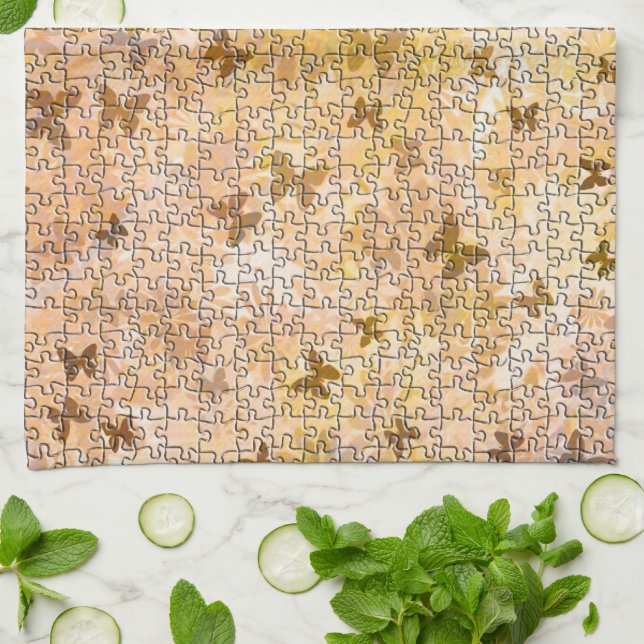 Puzzle Butterflies and Daisies-Browns by STaylor Kitchen Towel (Folded)