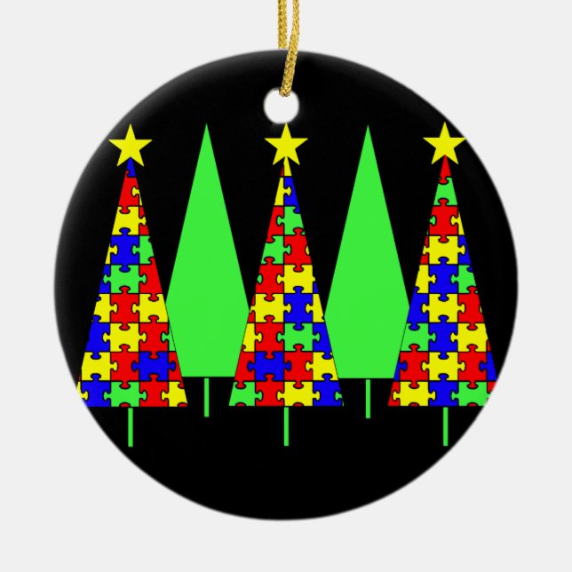 Puzzle Christmas Trees - Autism Awareness Ceramic Ornament (Front)
