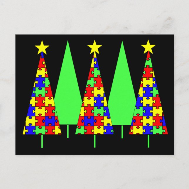 Puzzle Christmas Trees - Autism Awareness Holiday Postcard (Front)