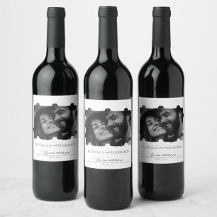 Puzzle Collage Photo Wedding Black and White Wine Label