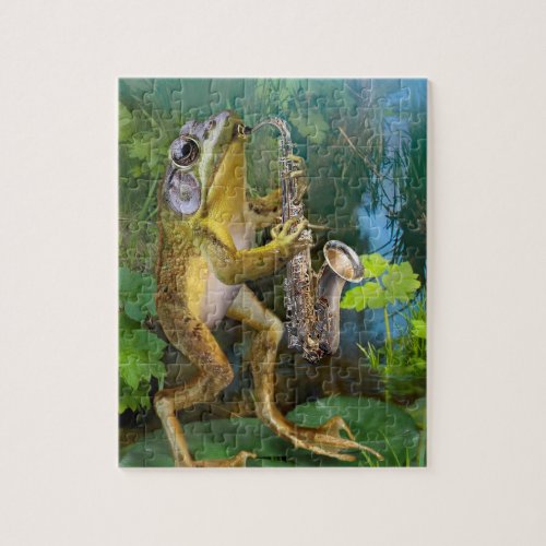 Puzzle frog playing a saxophone jigsaw puzzle