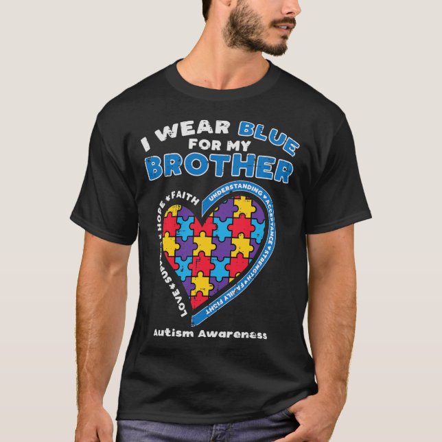 Puzzle I Wear Blue For My Brother Autism Awareness T-Shirt (Front)