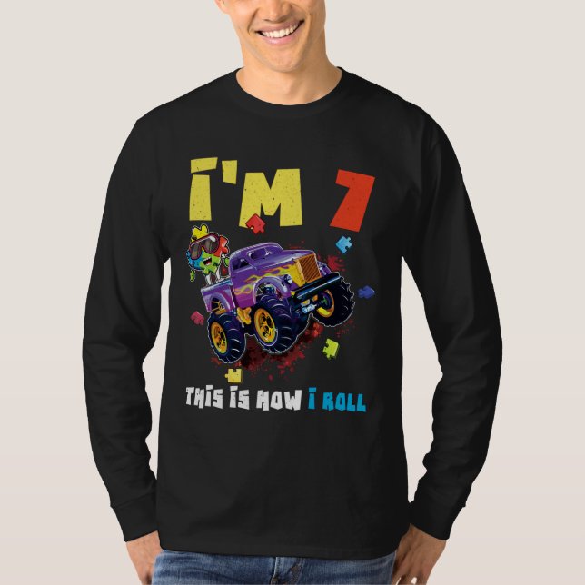 Puzzle Monster Truck Age 7 Born Autism Awareness T-Shirt (Front)