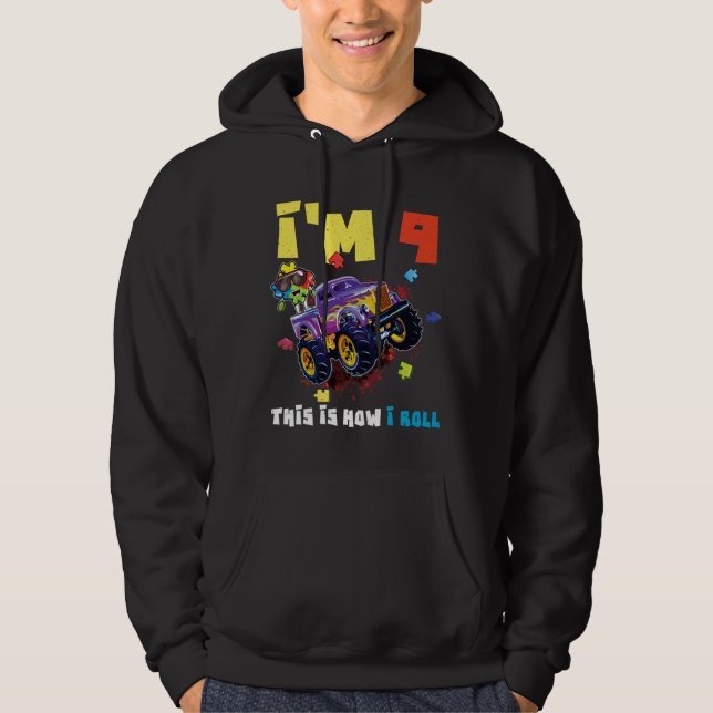 Puzzle Monster Truck Age 9 Born Autism Awareness Hoodie (Front)