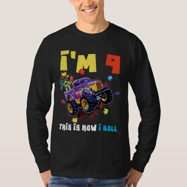 Puzzle Monster Truck Age 9 Born Autism Awareness T-Shirt (Front)