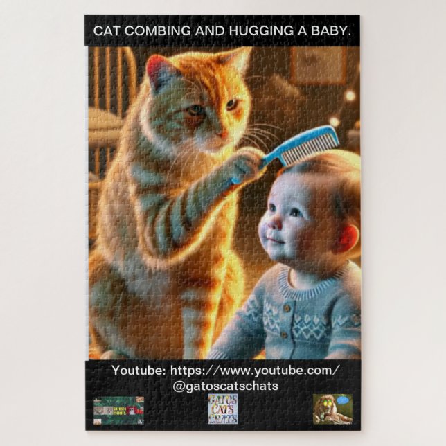 PUZZLE OF A CAT COMBING AND HUGGING A BABY. (Vertical)