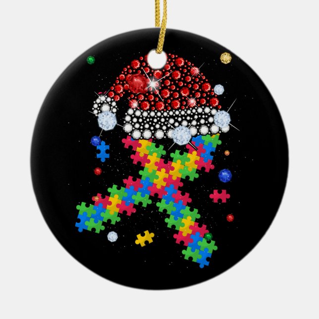 Puzzle Piece Ribbon Santa Hat Christmas Autism Awa Ceramic Ornament (Front)
